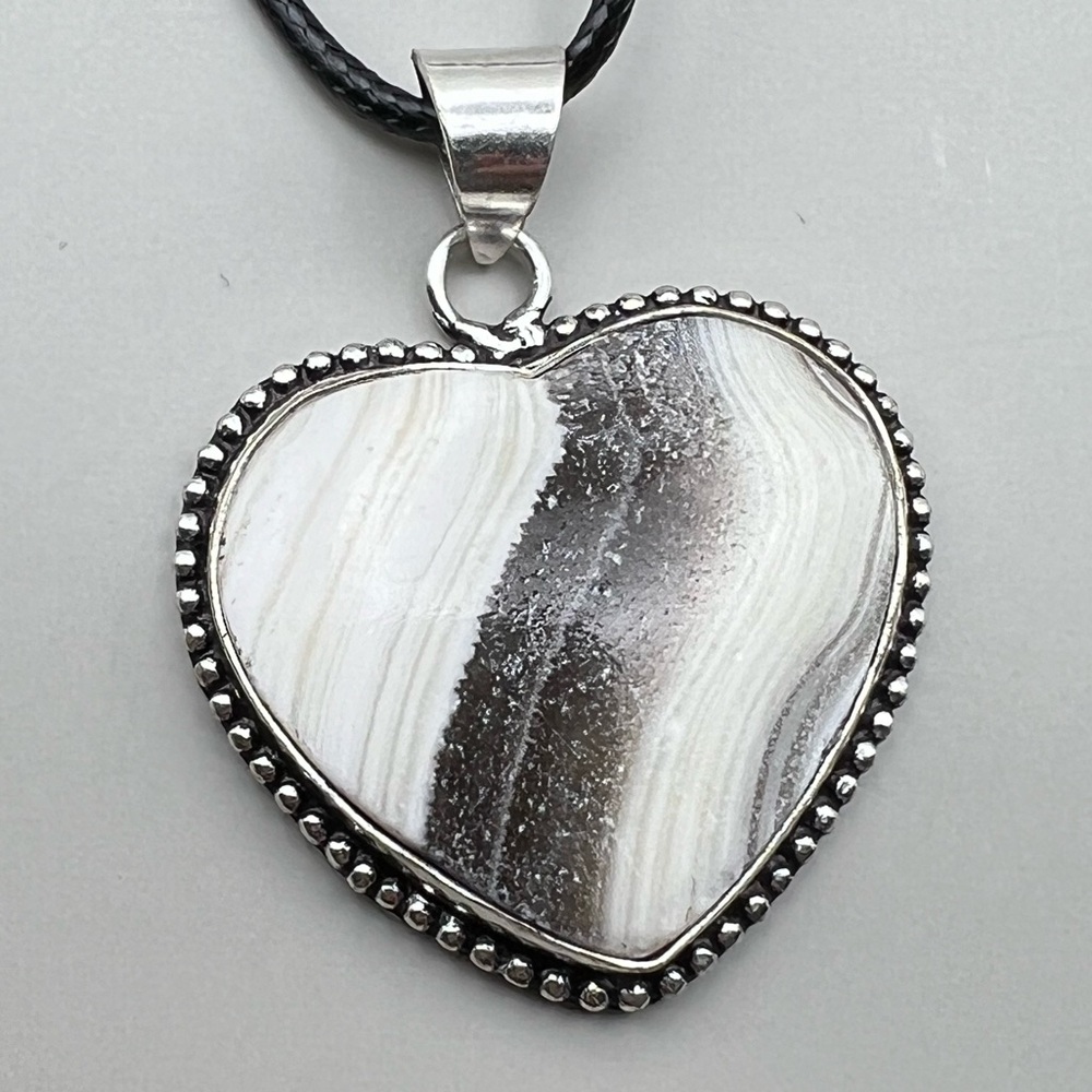 New Zebra Calcite Stone Heart Shaped Silver Overlay Pendant Necklace w Cord